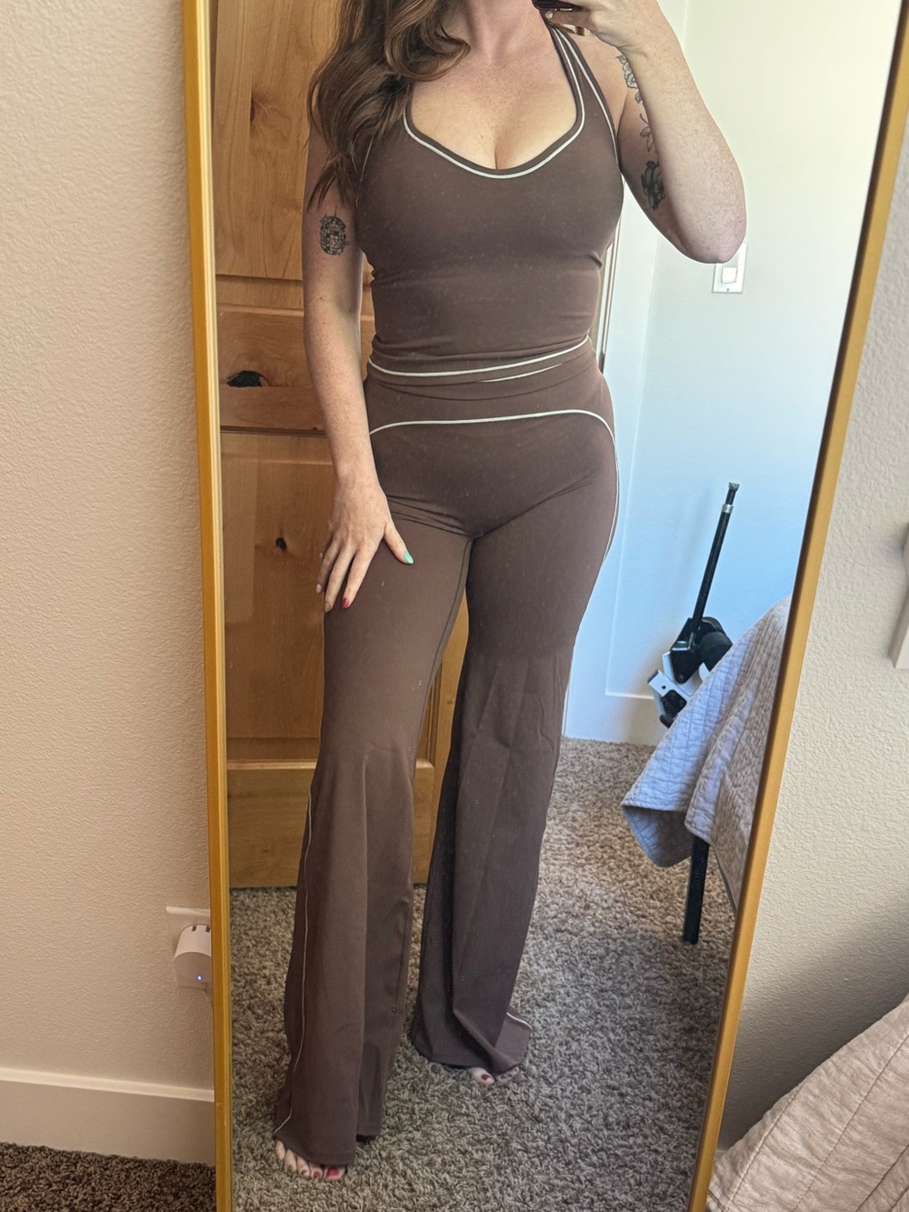 Brown Flare pin striped workout set